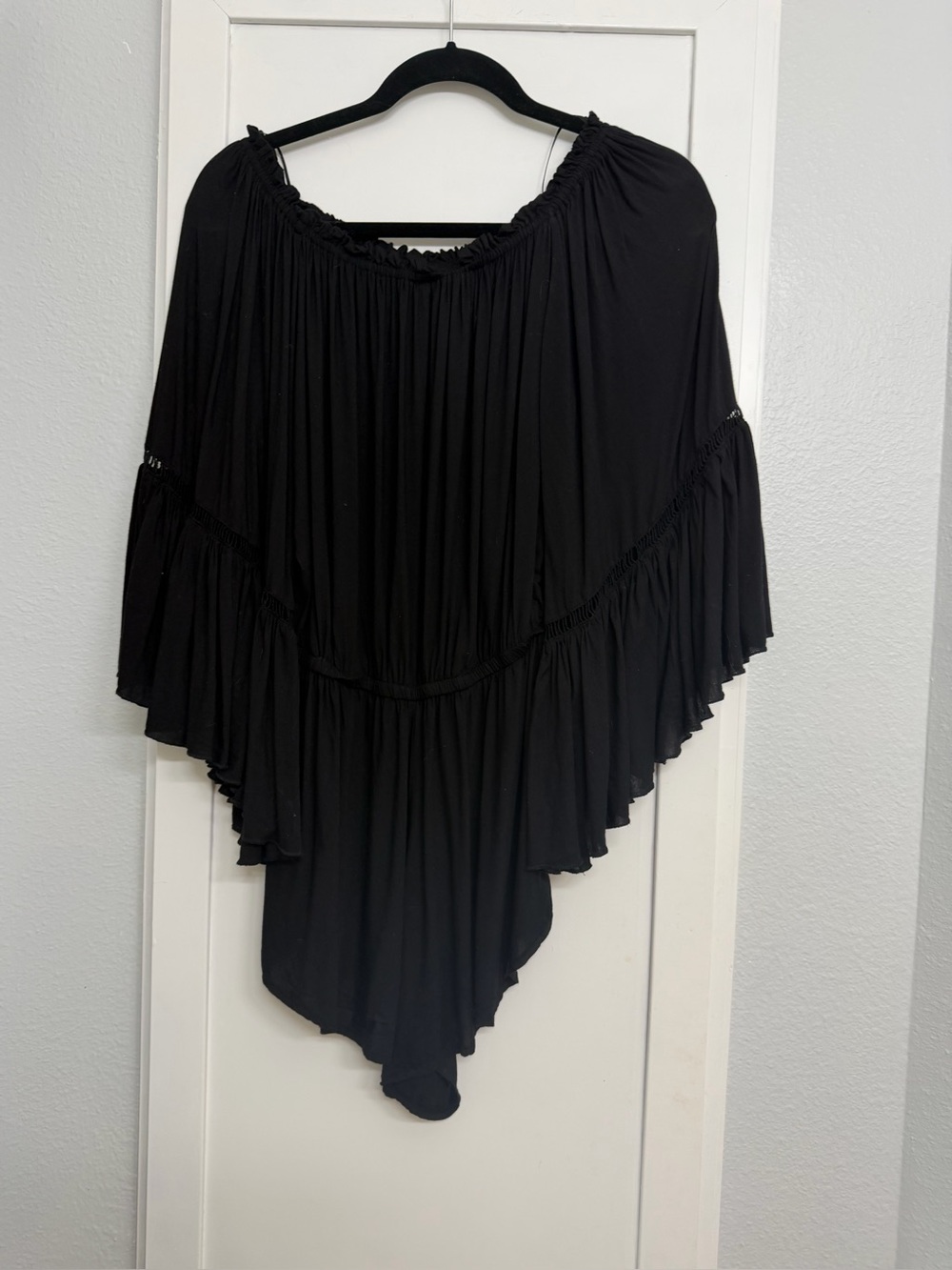Elan Black Off Shoulder Bell Sleeve Romper Boho Drawstring Waist Size - Picture 6 of 8